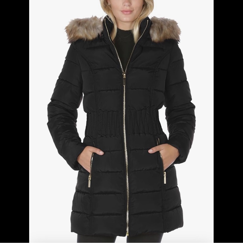Laundry by Shelli Segal Women’s 3/4 Puffer Jacket with zig zag cinched waist